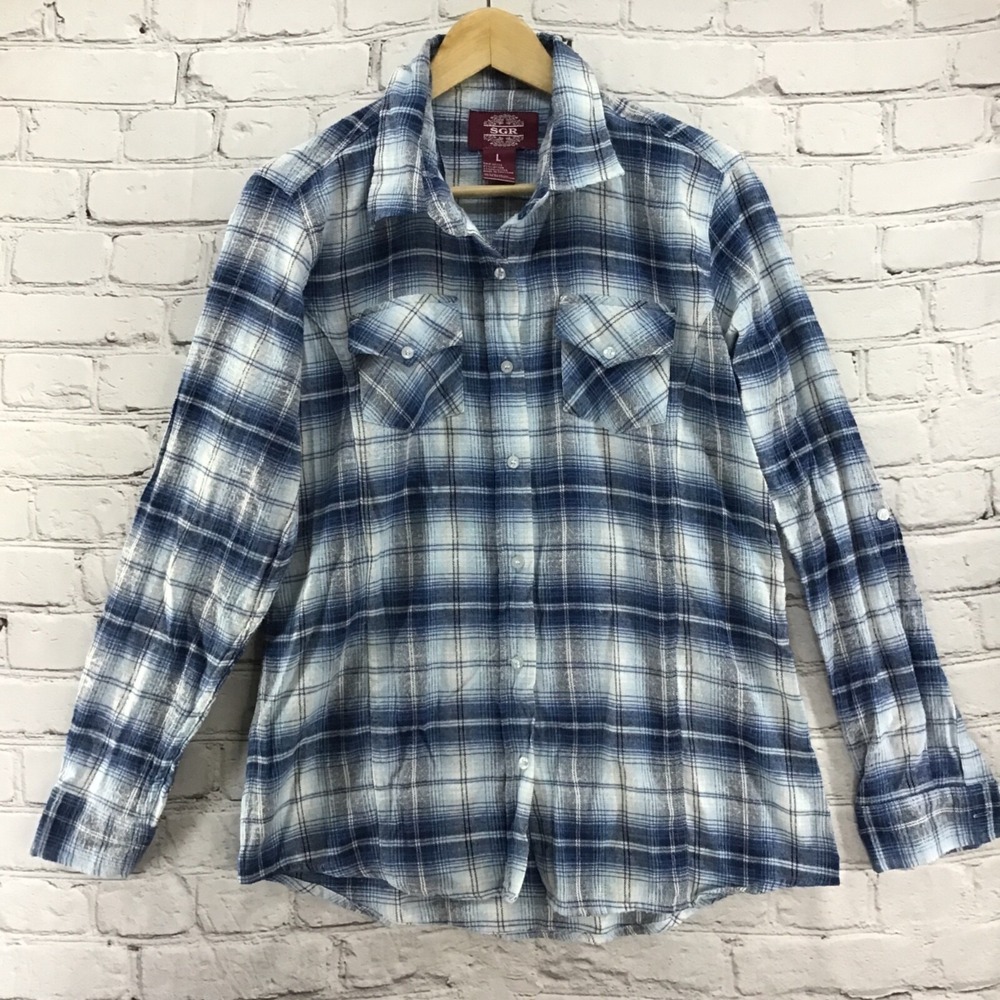 SGR Plaid Shirt Blue White Womens Sz‎ L Button Down Long Sleeves